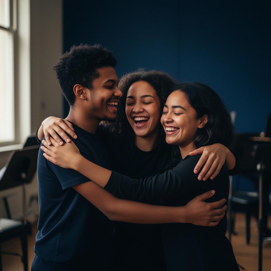 Three singers embracing after a rehearsal